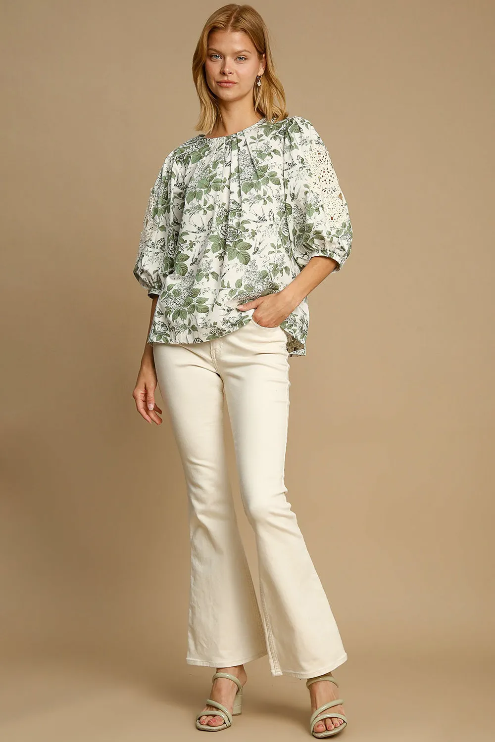 Floral Lace Trim Pleated Sleeve Blouse