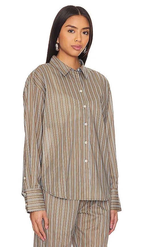 Frankies Bikinis Griffin Poplin Button Up Shirt in Brown