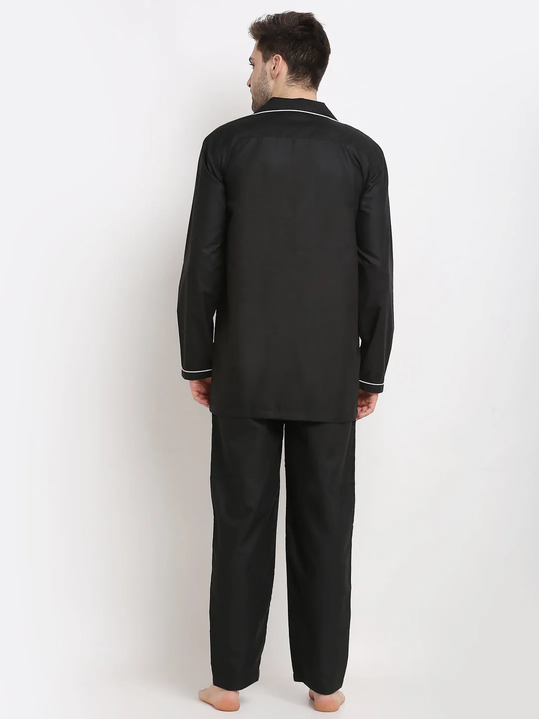 Jashvi Men's Black Cotton Solid Night Suits