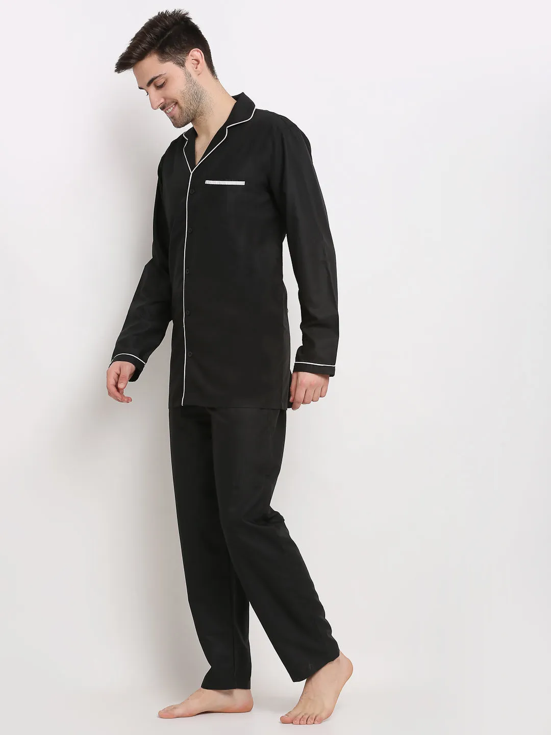 Jashvi Men's Black Cotton Solid Night Suits
