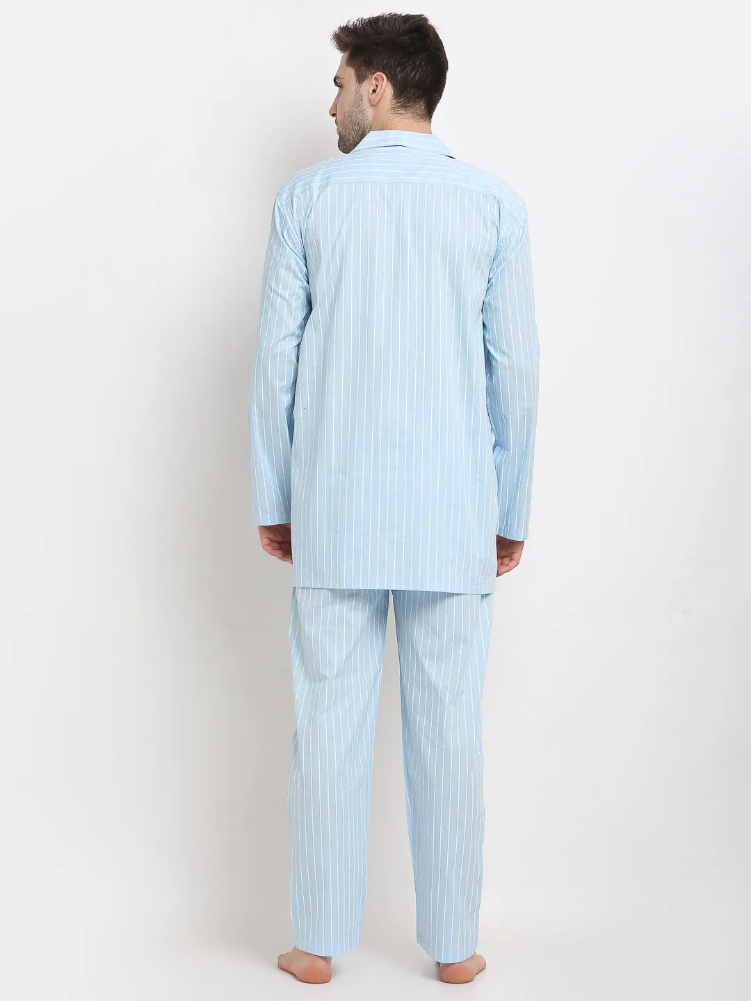 Jashvi Men's Sky Cotton Striped Night Suits