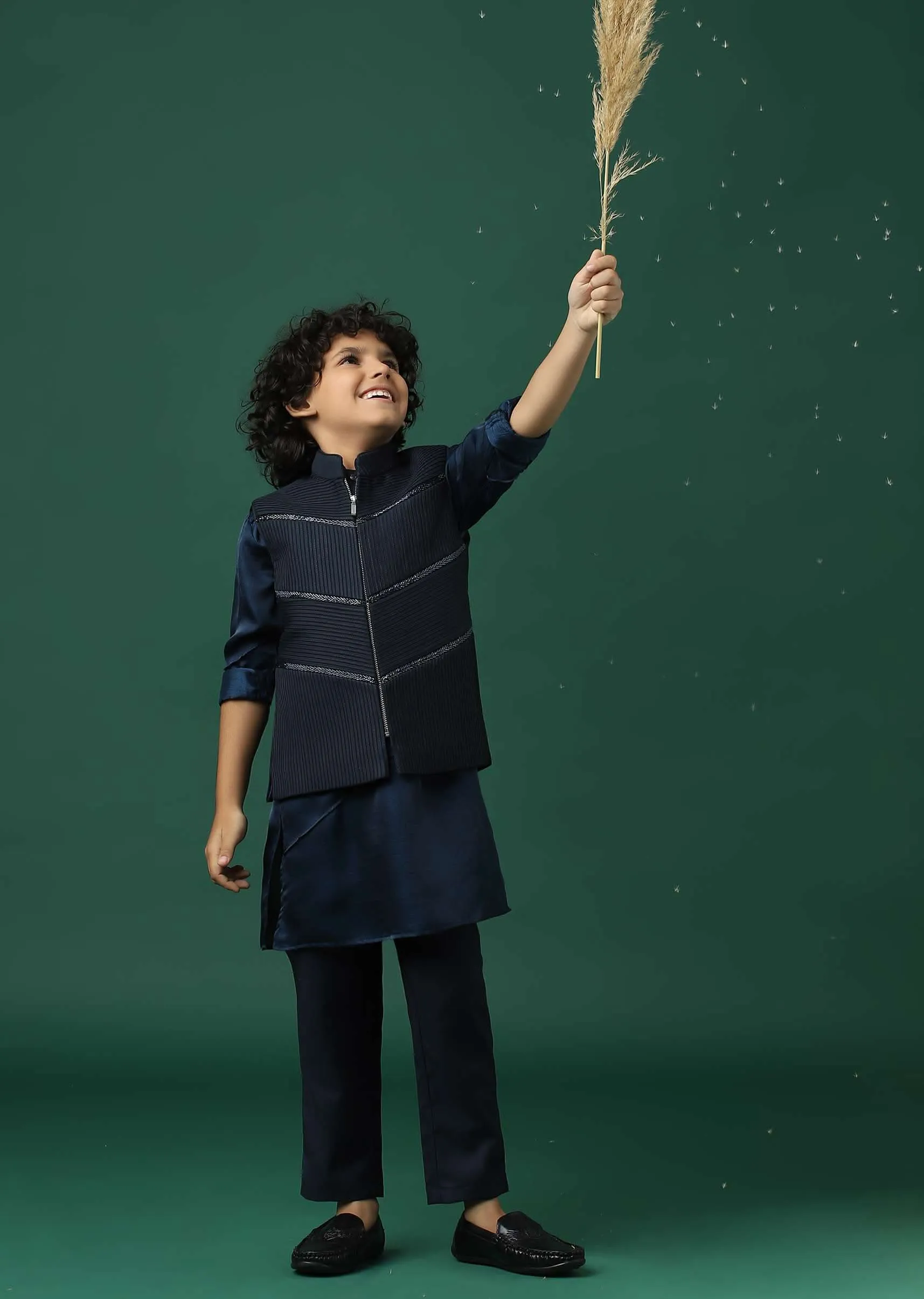 Kalki Navy Blue Kurta Jacket Set In Silk With Embroidery For Boys