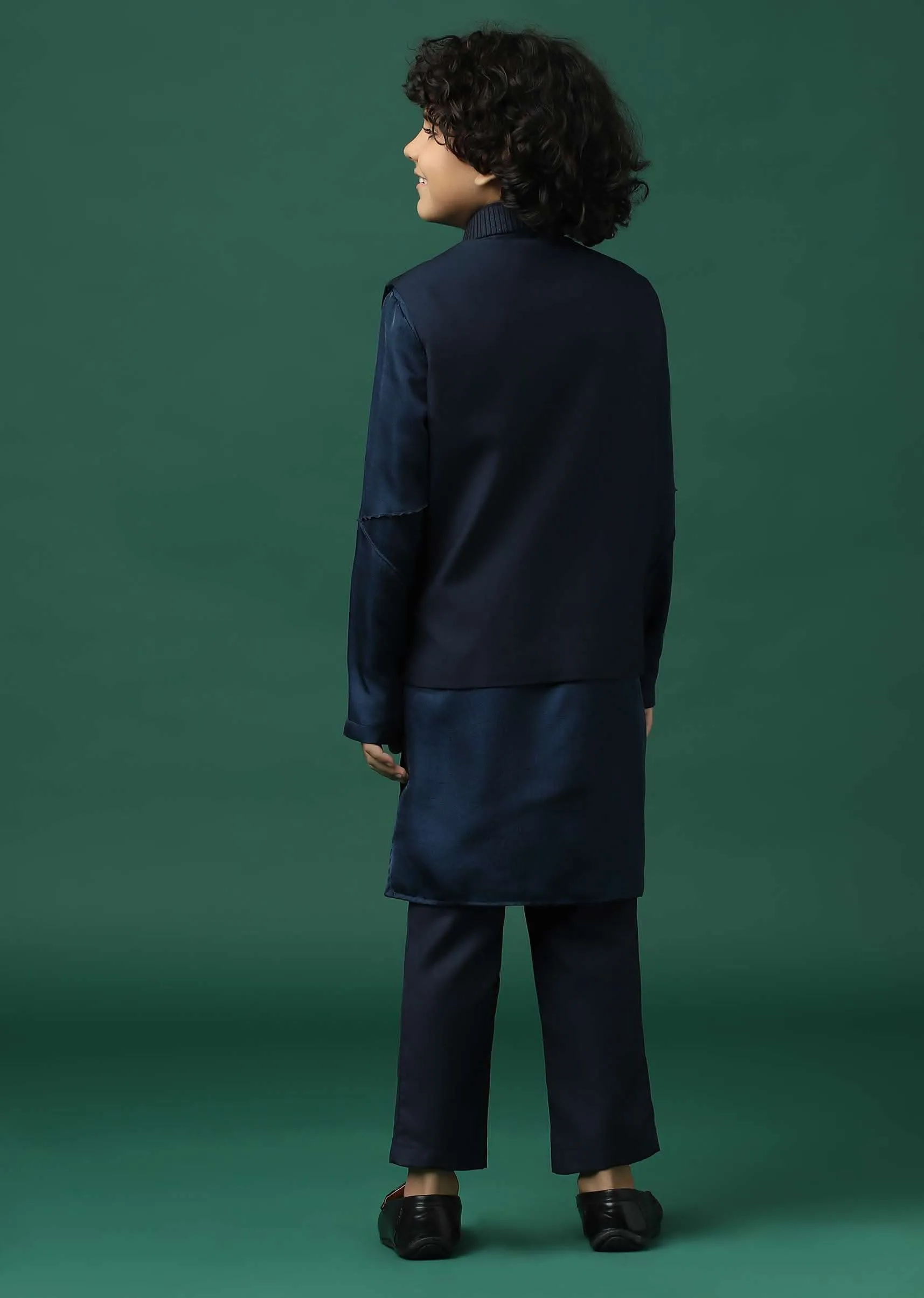 Kalki Navy Blue Kurta Jacket Set In Silk With Embroidery For Boys