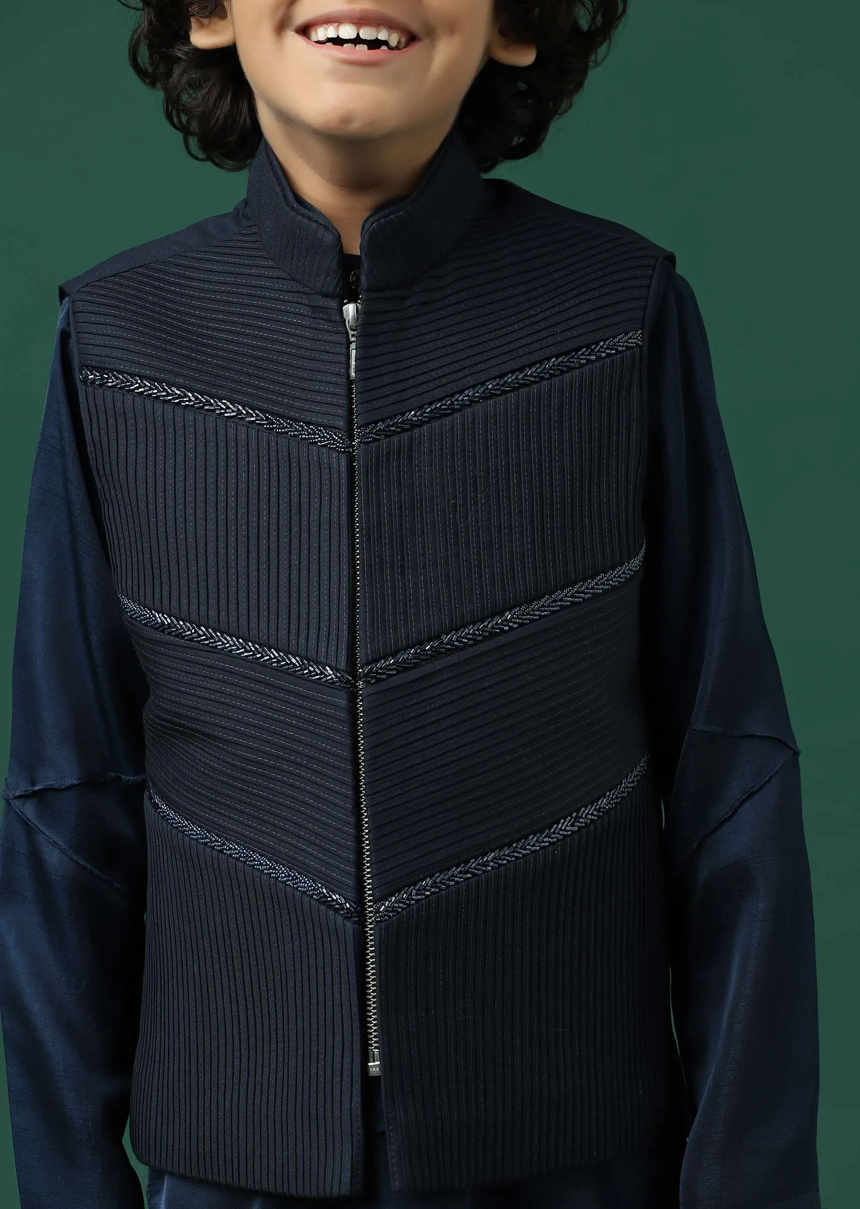 Kalki Navy Blue Kurta Jacket Set In Silk With Embroidery For Boys