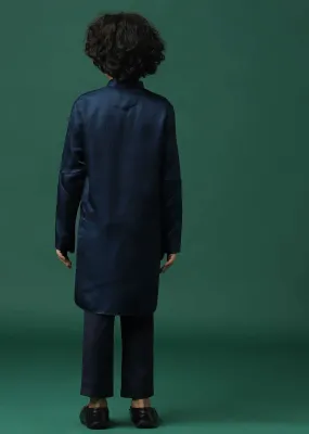 Kalki Navy Blue Kurta Jacket Set In Silk With Embroidery For Boys
