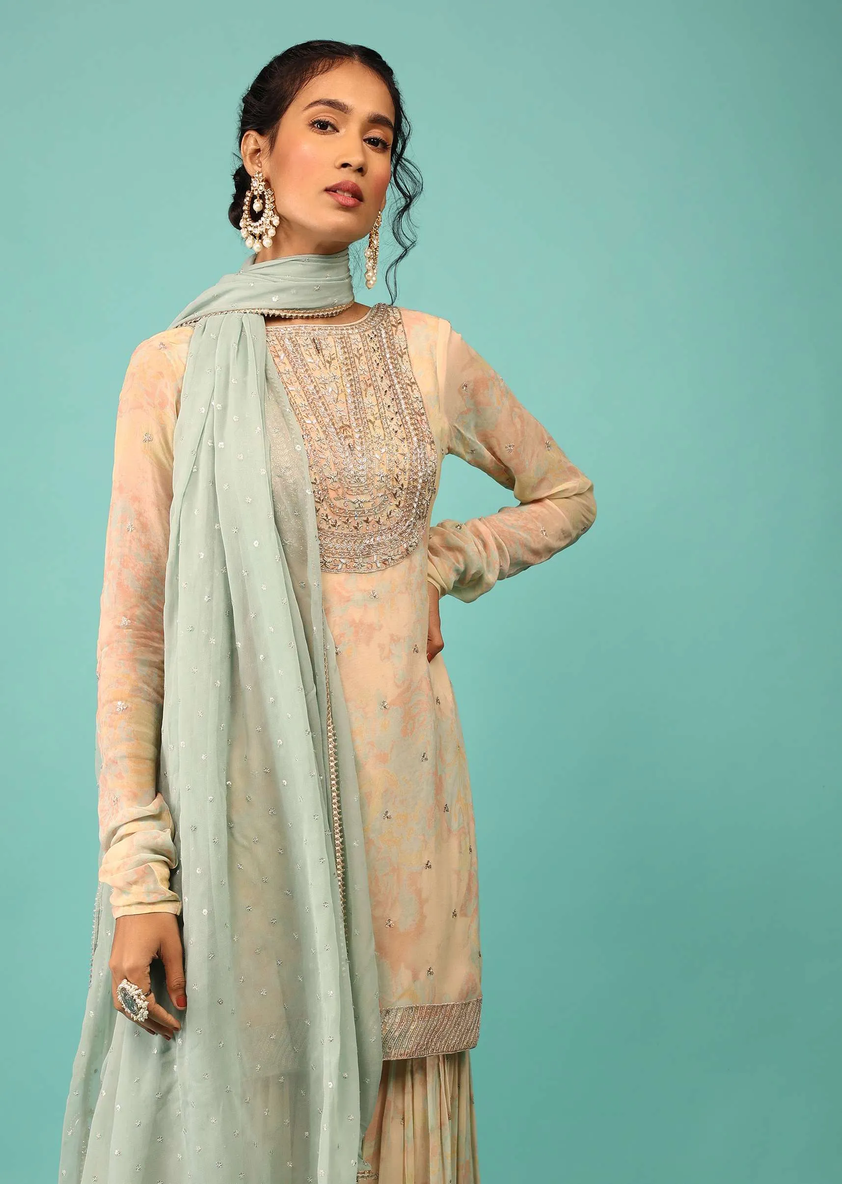 Multicoloured Sharara Suit In Georgette With Floral Print, Embroidery, And Cascade Blue Dupatta
