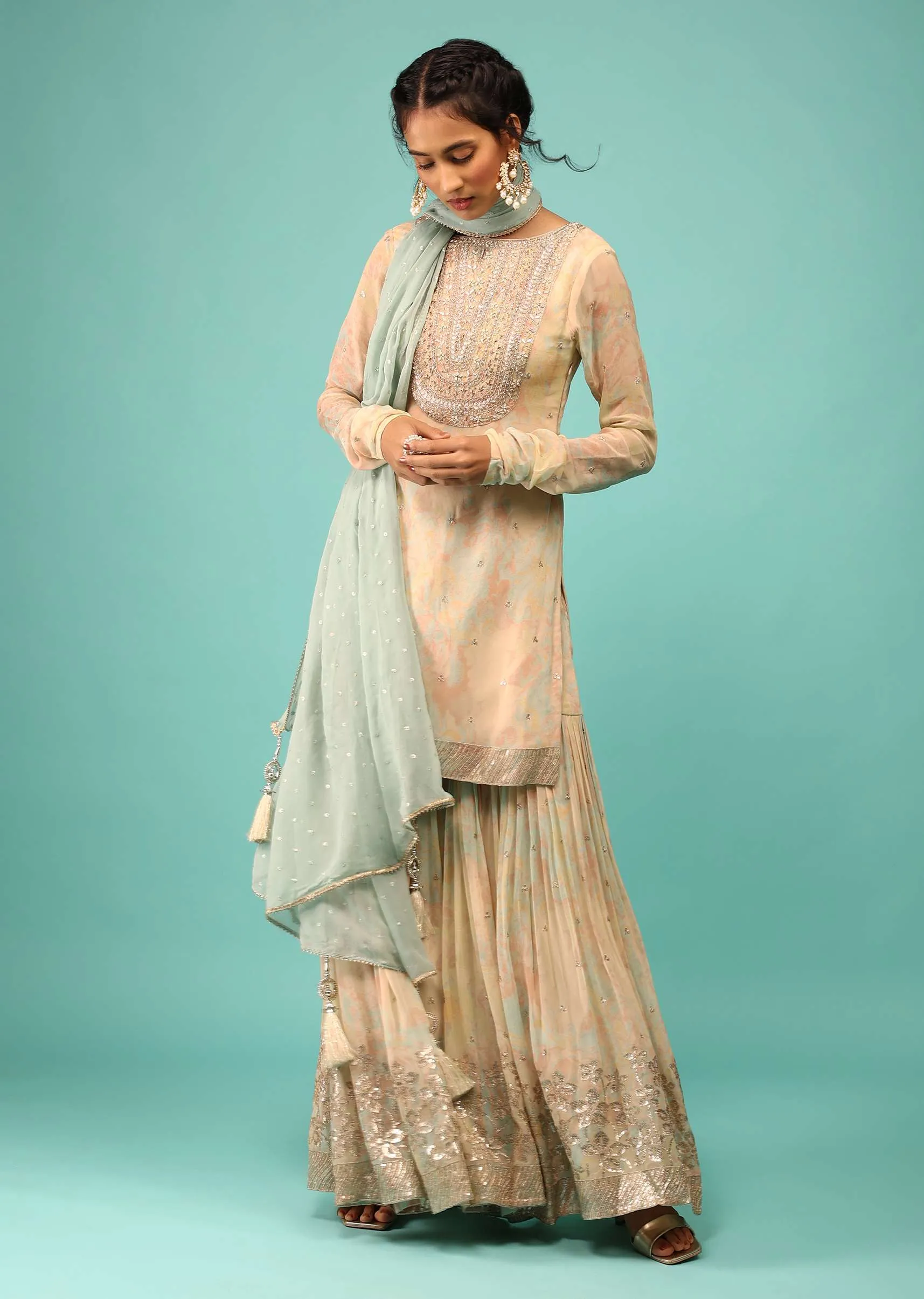 Multicoloured Sharara Suit In Georgette With Floral Print, Embroidery, And Cascade Blue Dupatta