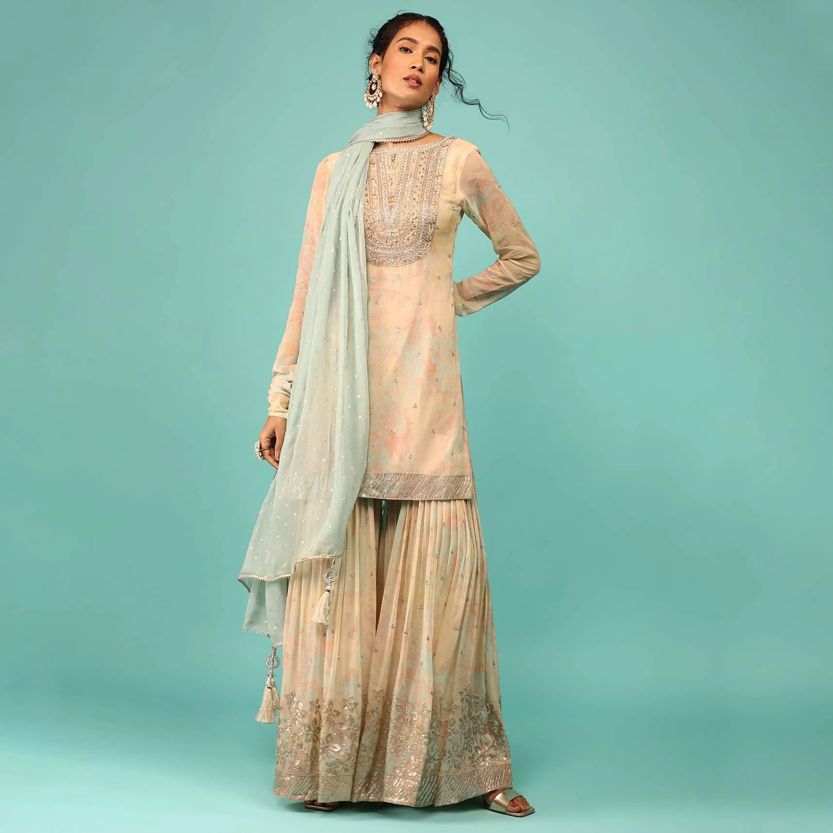 Multicoloured Sharara Suit In Georgette With Floral Print, Embroidery, And Cascade Blue Dupatta