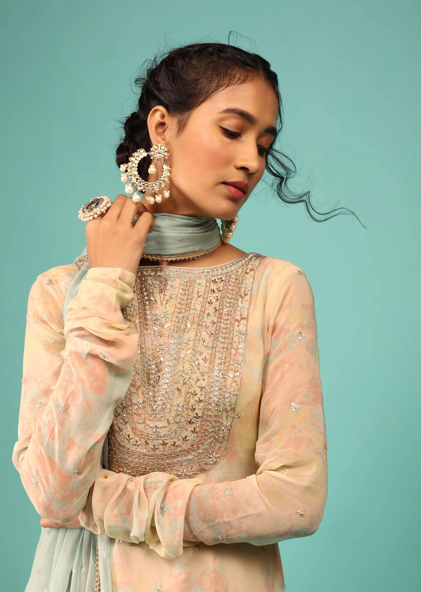 Multicoloured Sharara Suit In Georgette With Floral Print, Embroidery, And Cascade Blue Dupatta