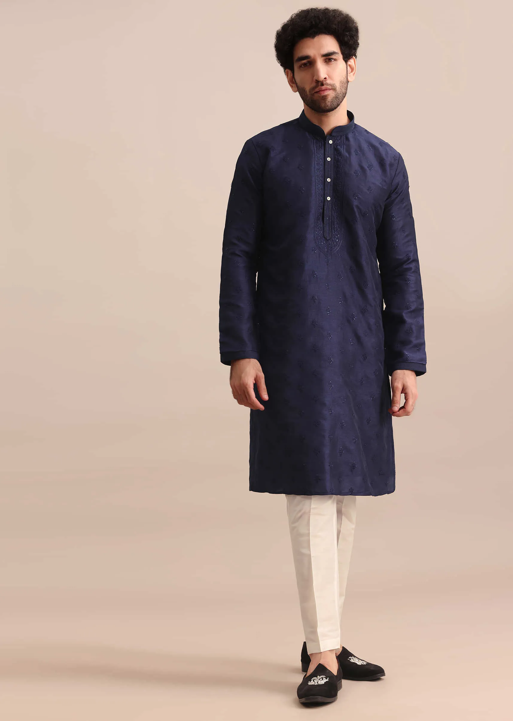 Navy Blue Silk Kurta Set With Resham Work For Men
