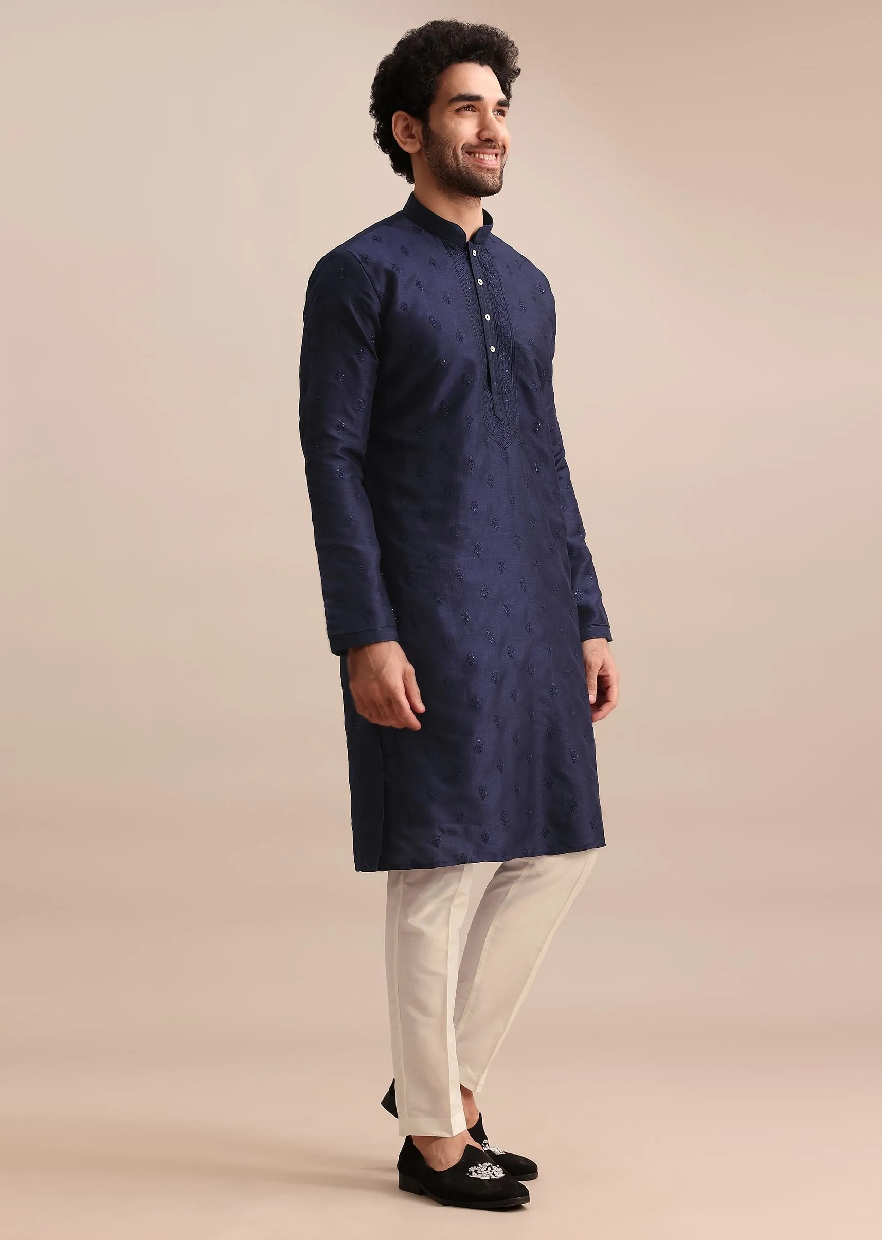 Navy Blue Silk Kurta Set With Resham Work For Men