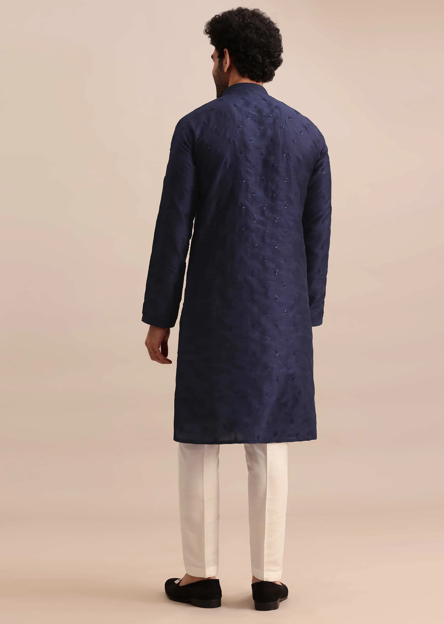 Navy Blue Silk Kurta Set With Resham Work For Men