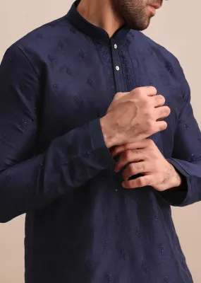 Navy Blue Silk Kurta Set With Resham Work For Men