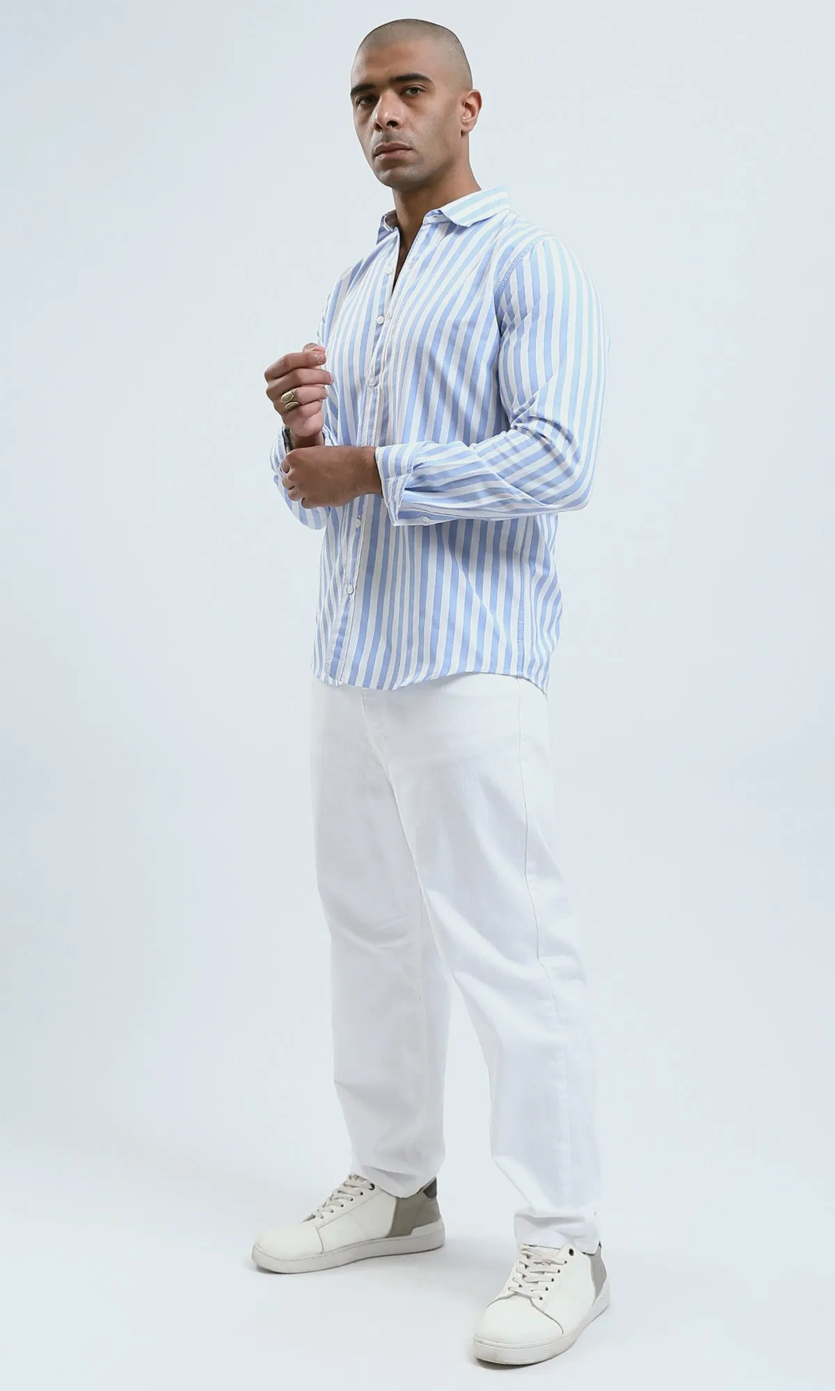 O179975 - Blue & White Long Sleeves Elegant Striped Shirt