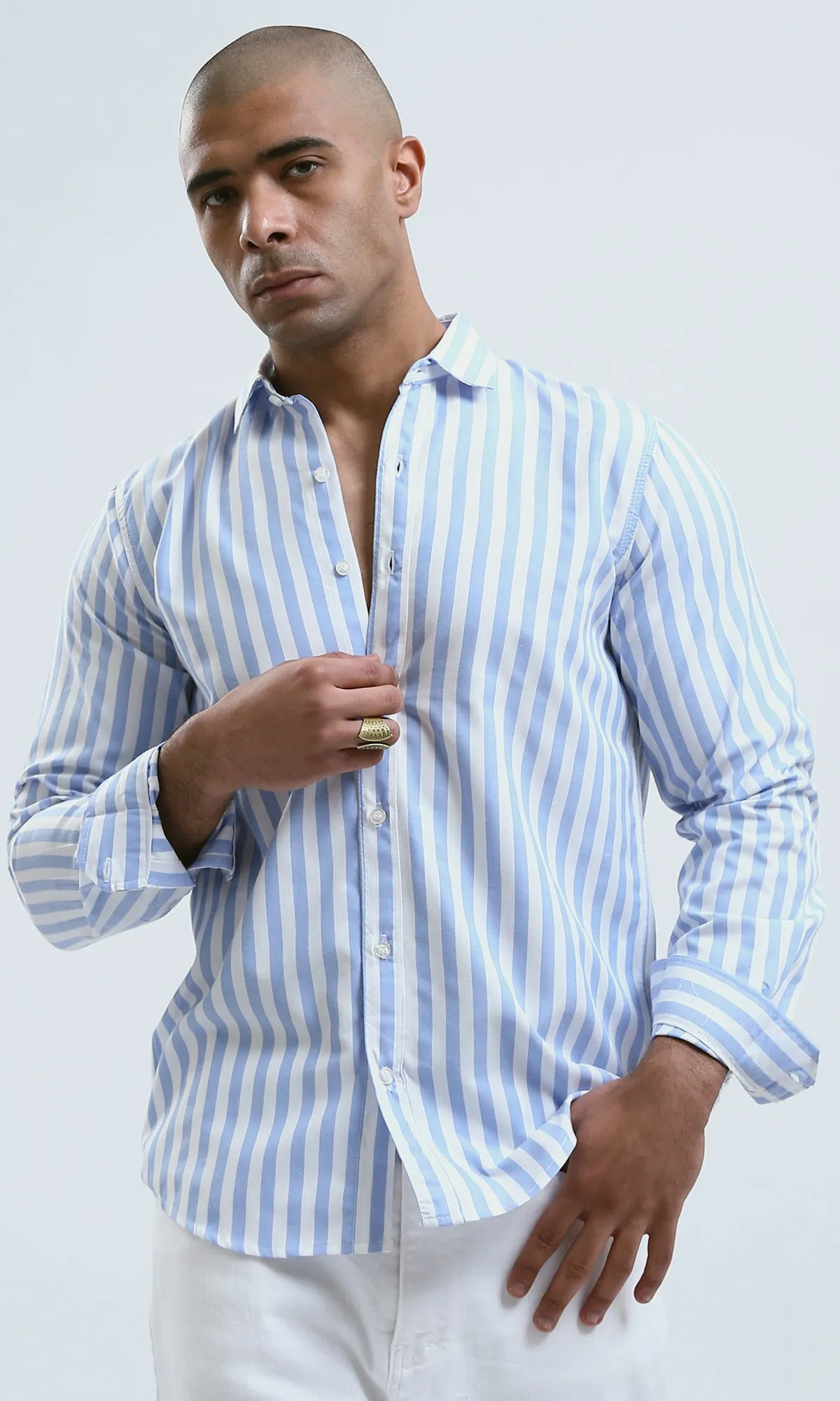 O179975 - Blue & White Long Sleeves Elegant Striped Shirt