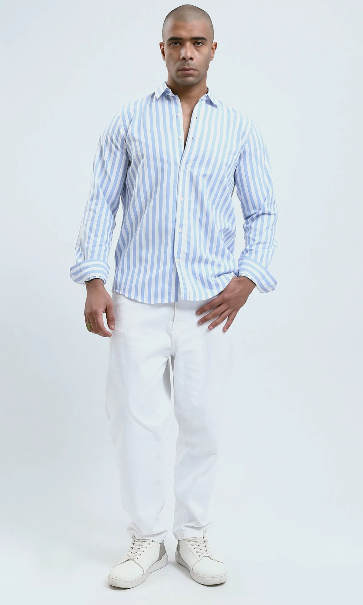 O179975 - Blue & White Long Sleeves Elegant Striped Shirt