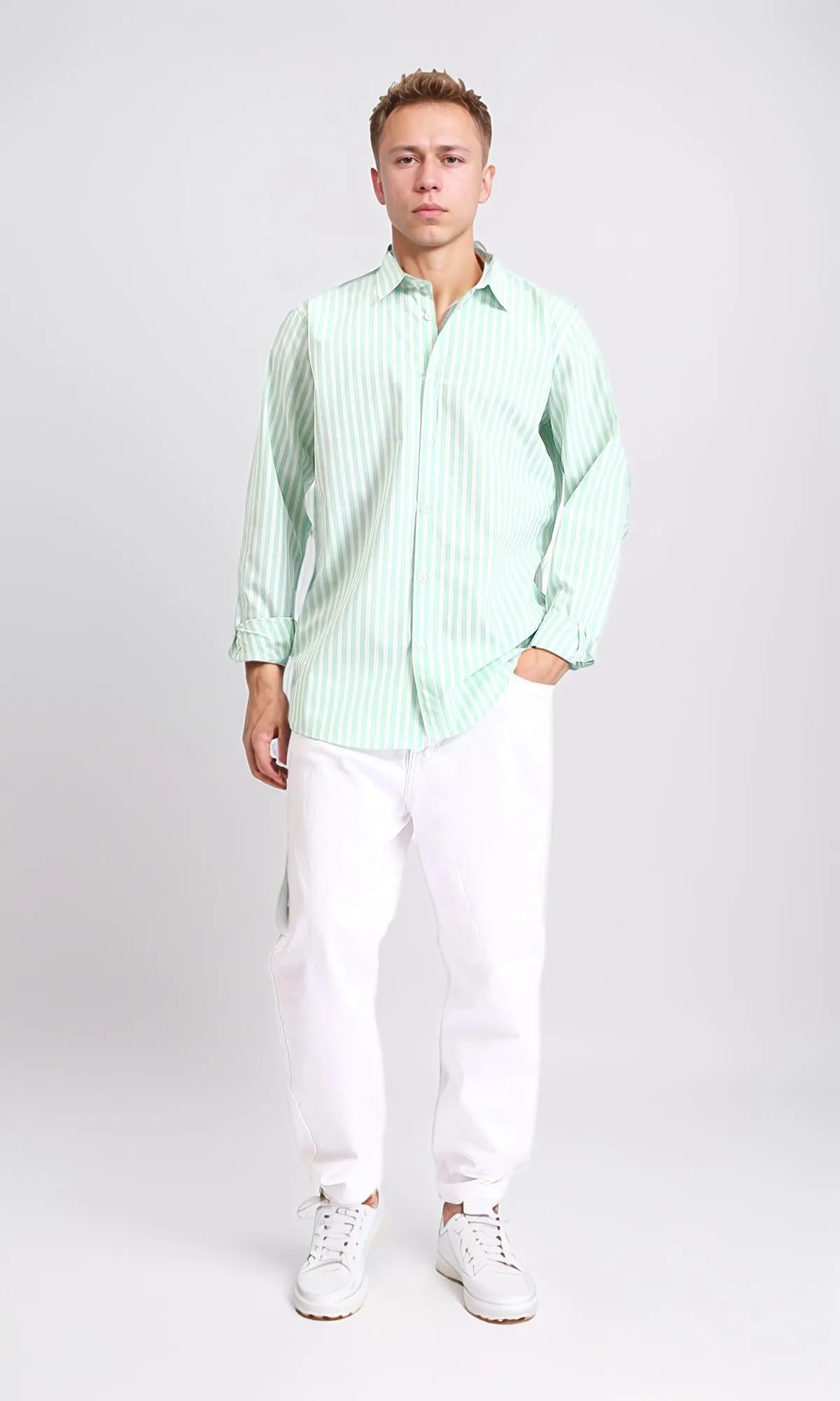 R206111 - Long Sleeves Striped Casual Shirt - Light Green & White