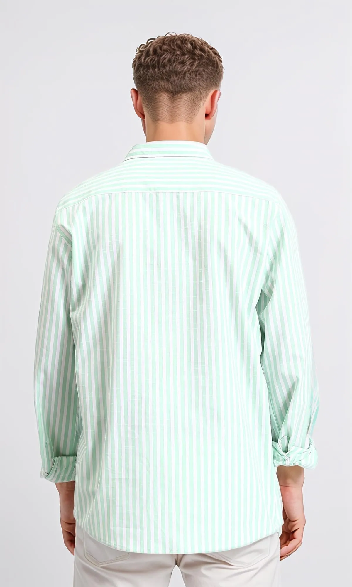 R206111 - Long Sleeves Striped Casual Shirt - Light Green & White