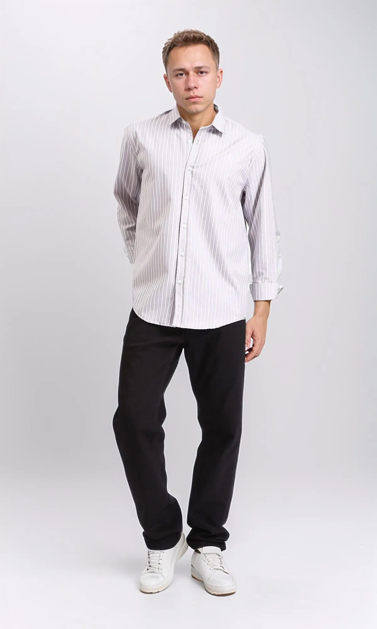 R206387 - Striped Long Sleeves Cotton Shirt - Light Grey & White
