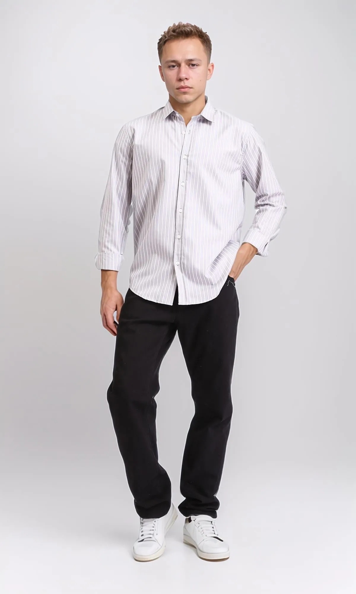 R206387 - Striped Long Sleeves Cotton Shirt - Light Grey & White