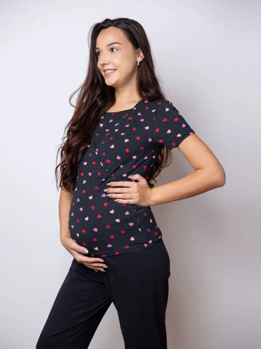 Sarah - Short Sleeve Nursing Top & LPJ in Black Hearts