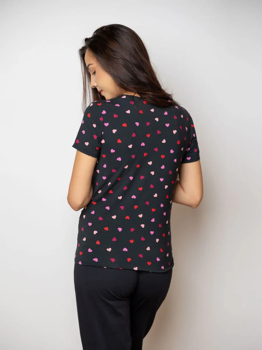 Sarah - Short Sleeve Nursing Top & LPJ in Black Hearts
