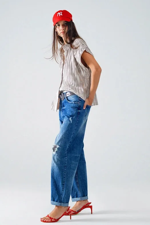 Silver Pleated Shirt with Short Sleeves