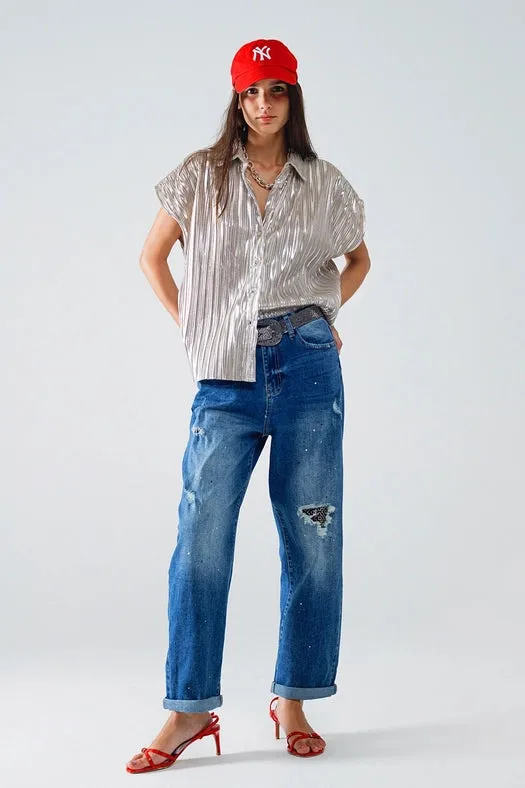 Silver Pleated Shirt with Short Sleeves