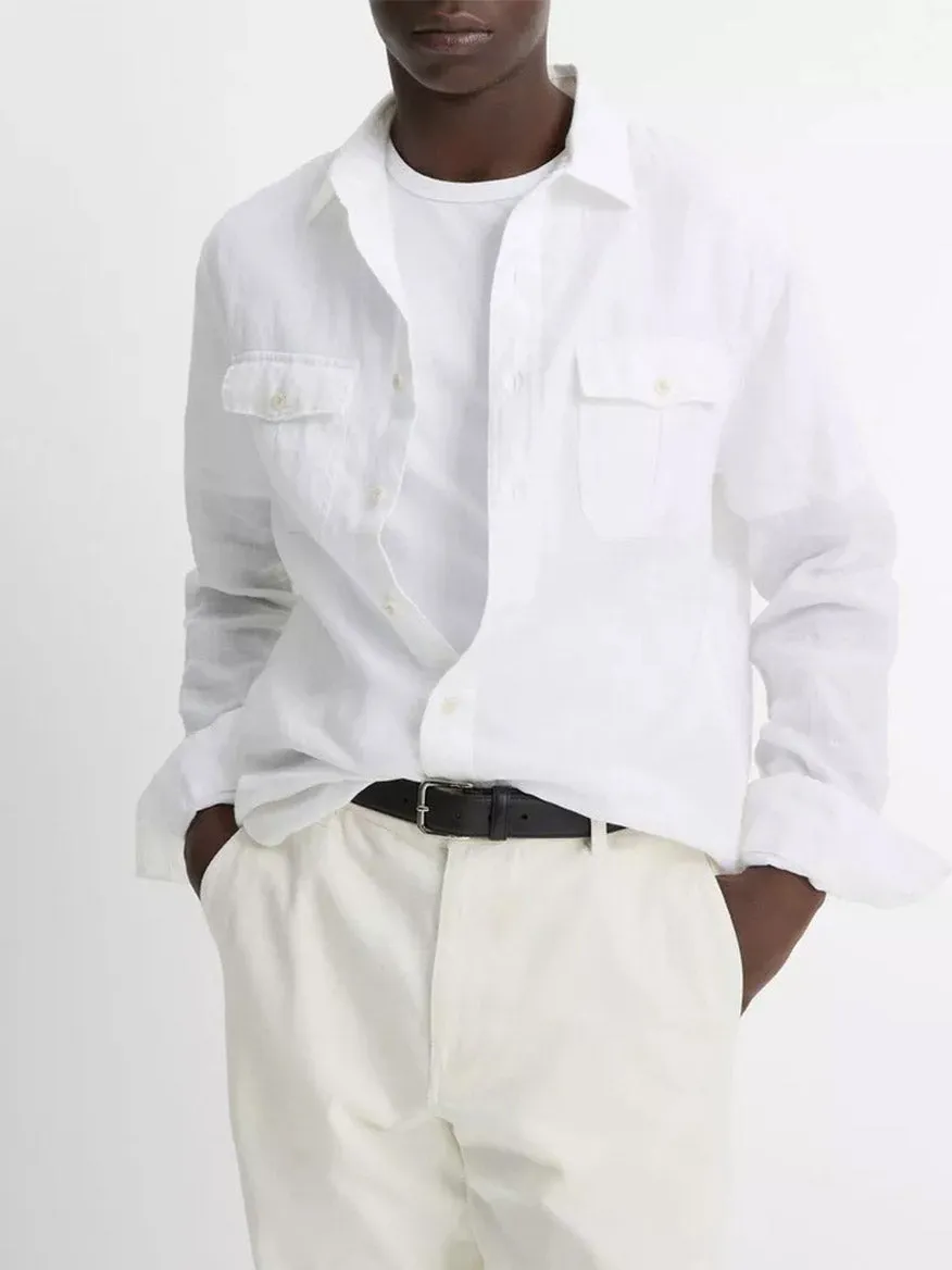 Vince Linen Utility Shirt in Optic White