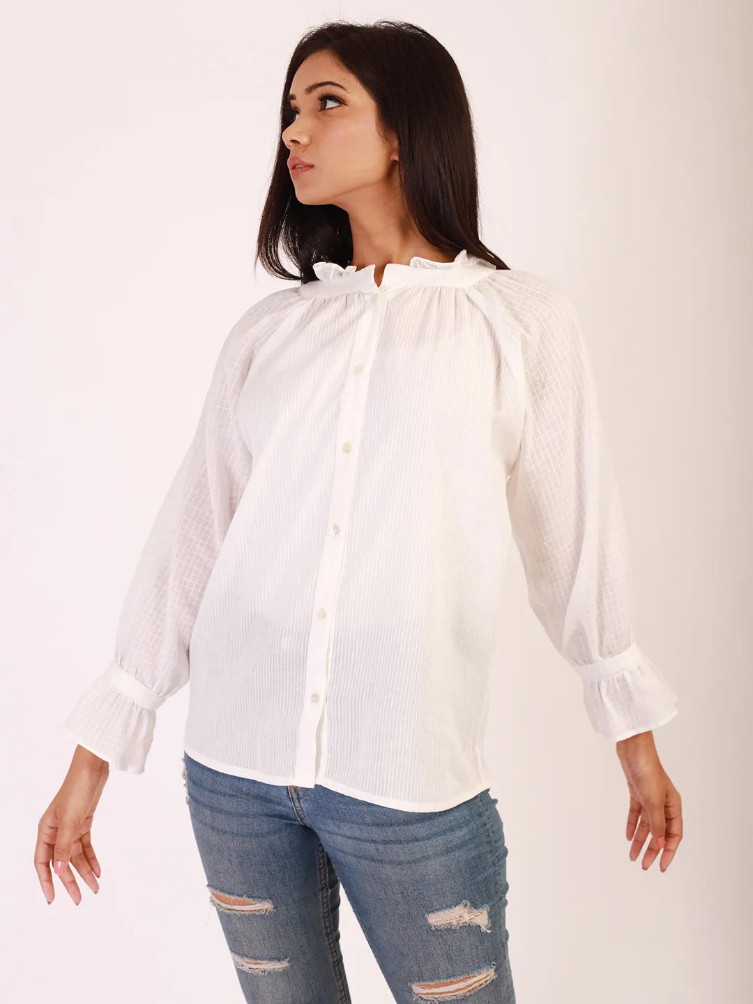 White Self Striped Checkered Shirt