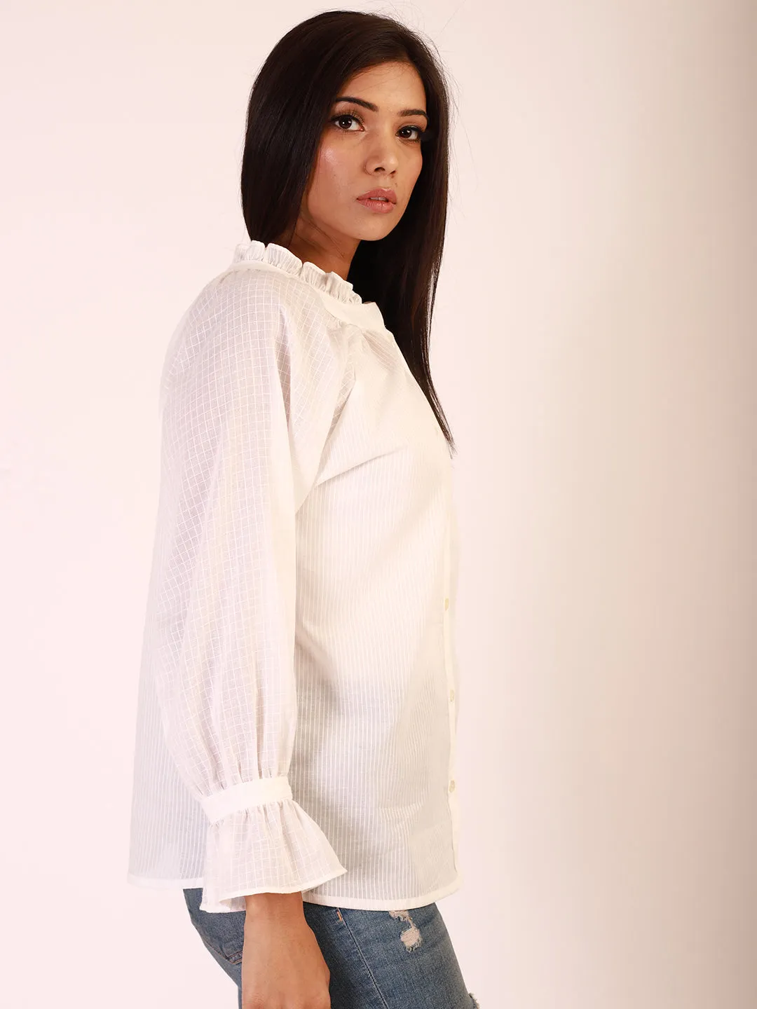 White Self Striped Checkered Shirt