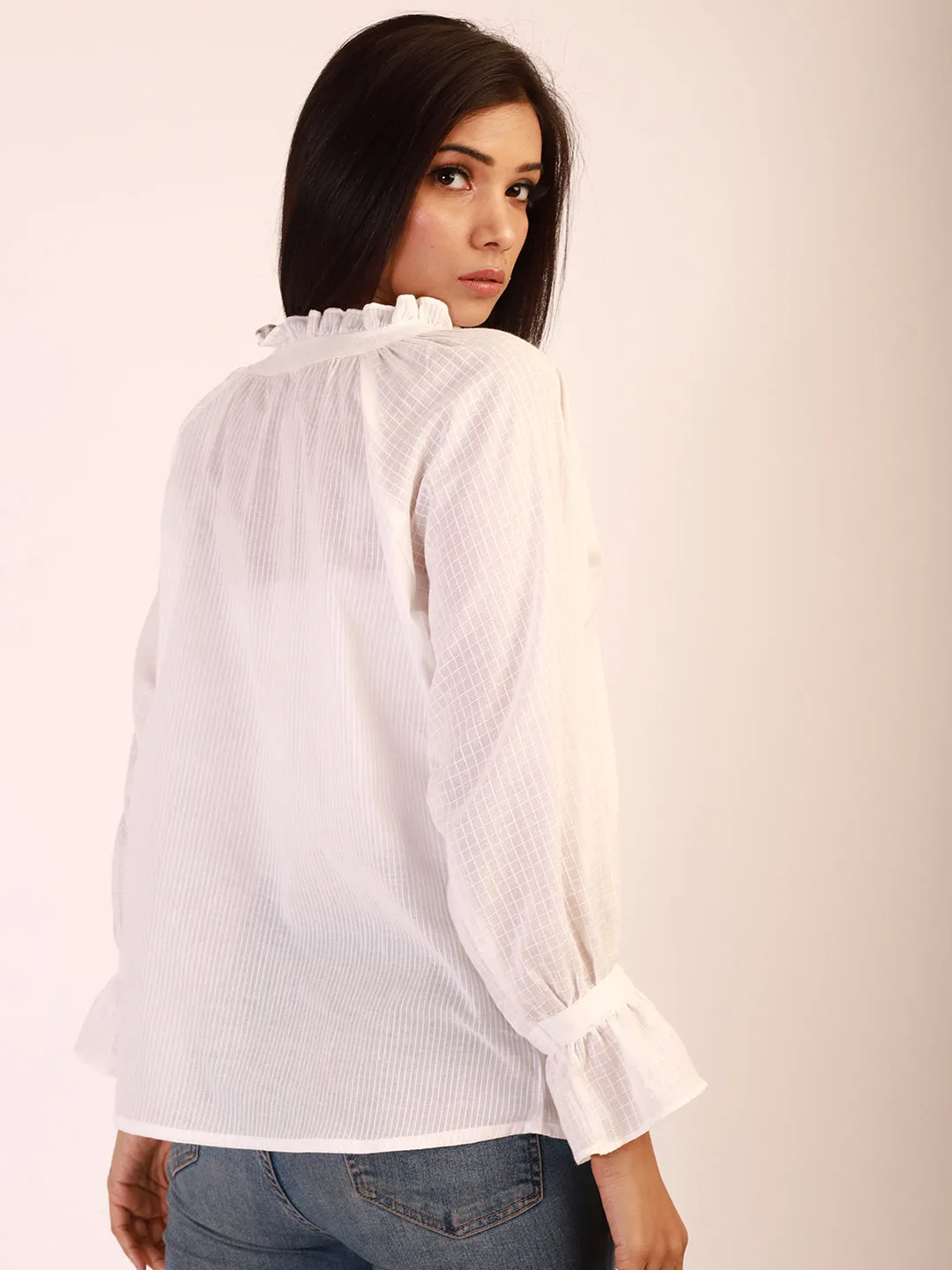 White Self Striped Checkered Shirt