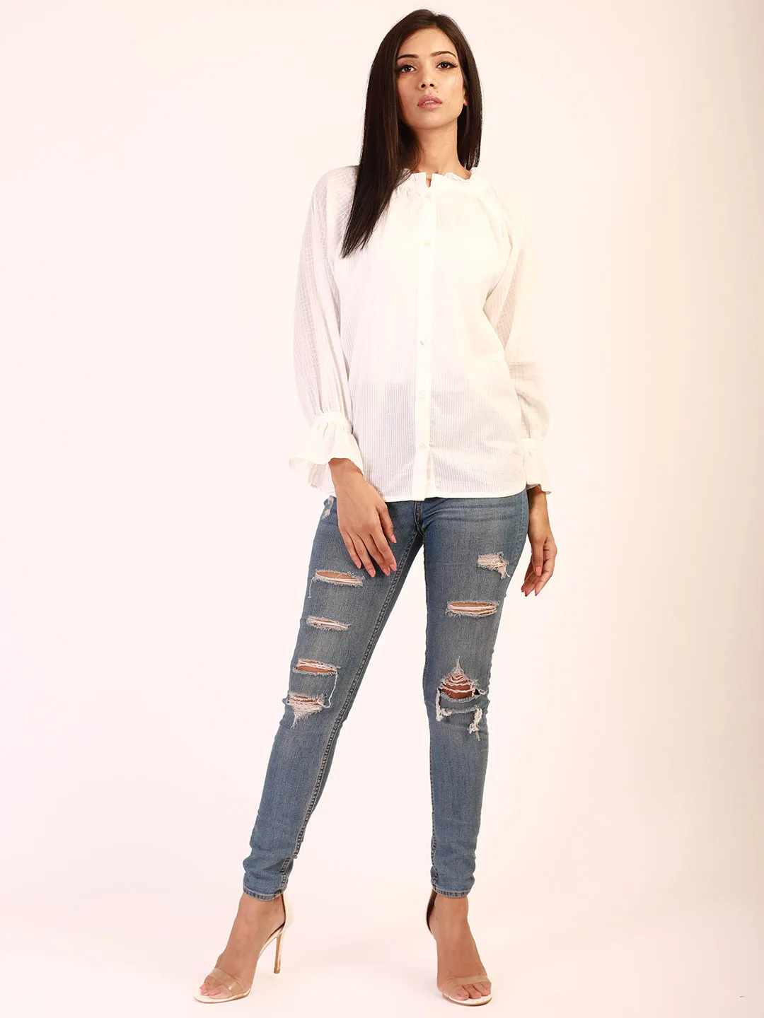 White Self Striped Checkered Shirt